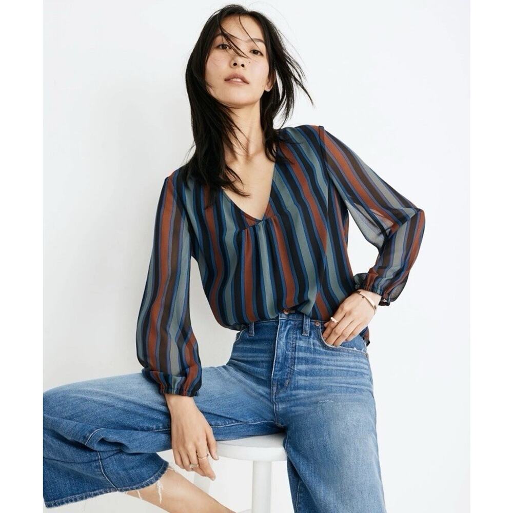 Madewell Women's Size XS Academy Stripe Retro Blouse Top Sheer Sleeve Modern